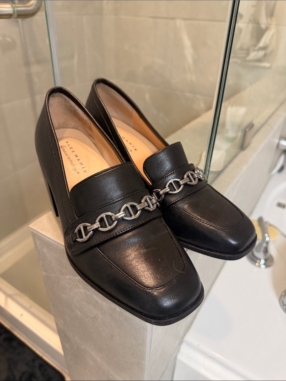 Alex Marie Black Leather Chain-Trim Heels